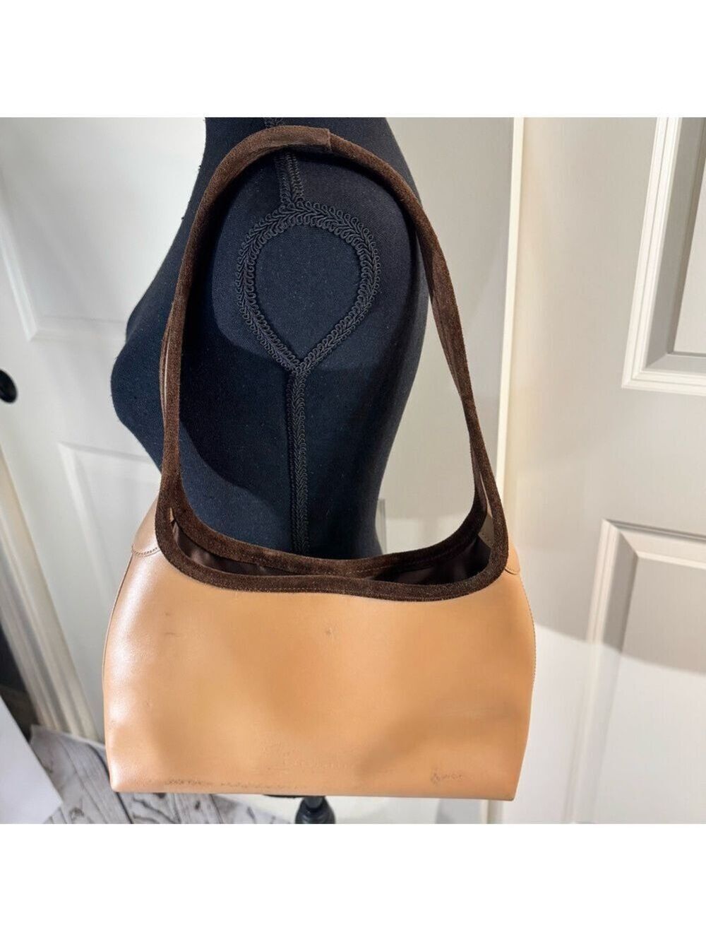 Coccinelle Minimalist Tan Leather Shoulder Bag with Brown SuedeTrim